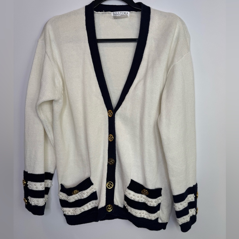 Vintage Elegant pearl embellishment old money Cardigan  nautical size medium